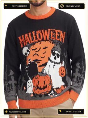 COOFANDY Men's Crewneck Long Sleeve Pullover Sweater Slim Fit Halloween Ghost